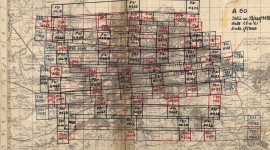 A monochrome map of the city of Edinburgh. It is overlaid with numerous black and red lines, indicating the flight paths of an aircraft conducting an aerial survey over the city in 1961. 