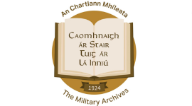 The logo of the Irish Military Archives, showing an open book, their name, the date 1924 and text in Gaelic. 