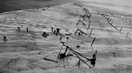 Monochrome aerial image of figures on a beach.